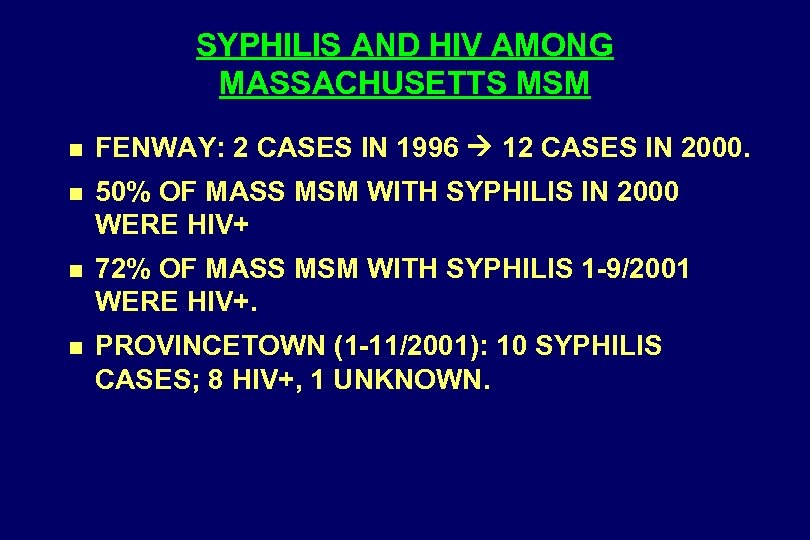 SYPHILIS AND HIV AMONG MASSACHUSETTS MSM n FENWAY: 2 CASES IN 1996 12 CASES