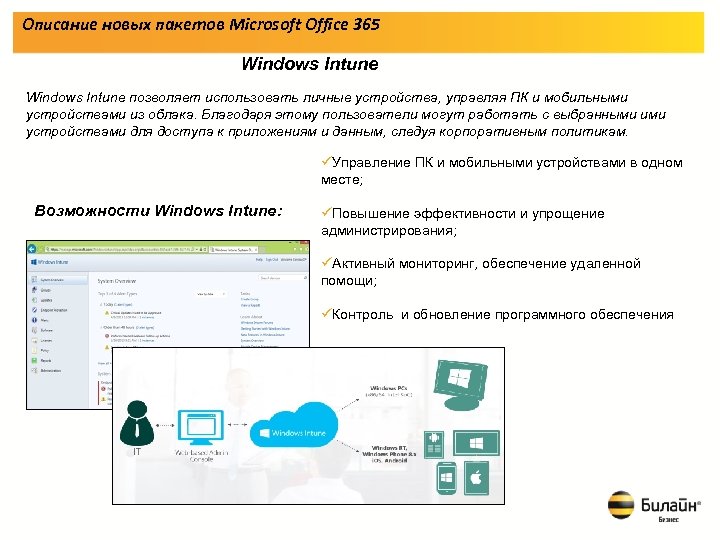 Описание новых пакетов Microsoft Office 365 Windows Intune позволяет использовать личные устройства, управляя ПК