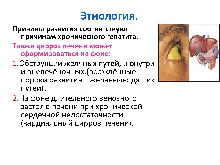 Этиология. Причины развития соответствуют причинам хронического гепатита. Также цирроз печени может сформироваться на фоне: