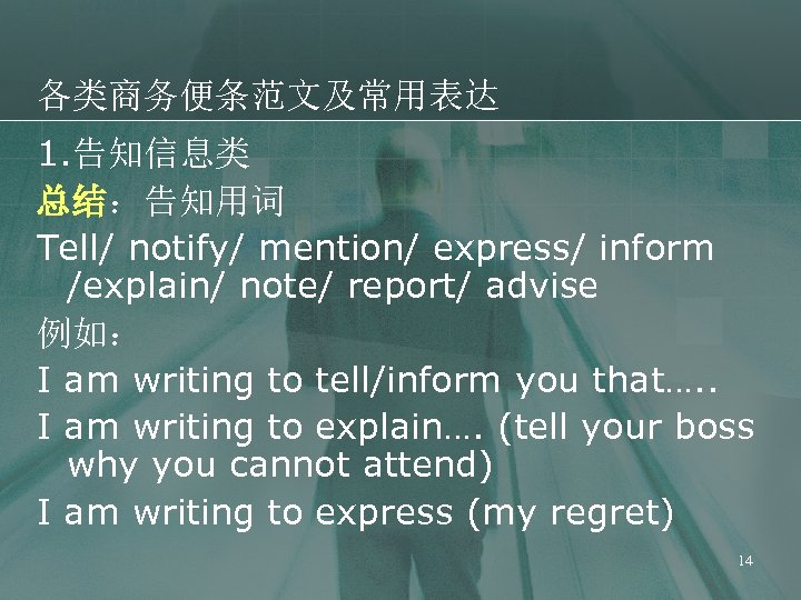 各类商务便条范文及常用表达 1. 告知信息类 总结：告知用词 Tell/ notify/ mention/ express/ inform /explain/ note/ report/ advise 例如：