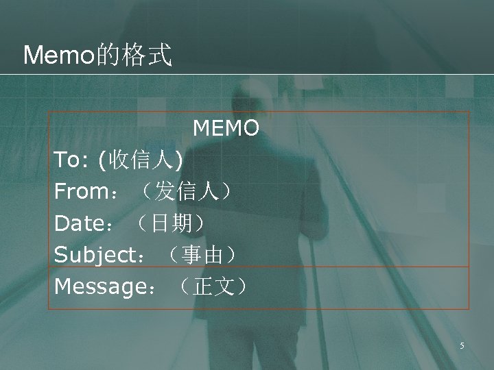 Memo的格式 MEMO To: (收信人) From：（发信人） Date：（日期） Subject：（事由） Message：（正文） 5 