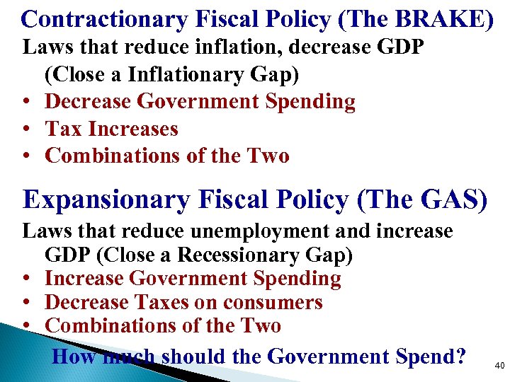 Contractionary Fiscal Policy (The BRAKE) Laws that reduce inflation, decrease GDP (Close a Inflationary