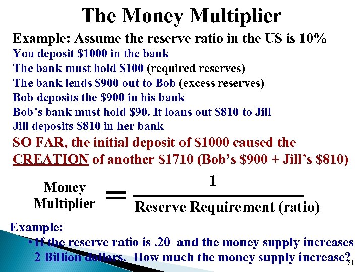 The Money Multiplier Example: Assume the reserve ratio in the US is 10% You