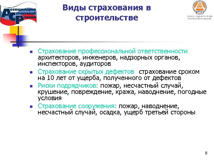 Виды страхования в строительстве n n Страхование профессиональной ответственности: архитекторов, инженеров, надзорных органов, инспекторов,
