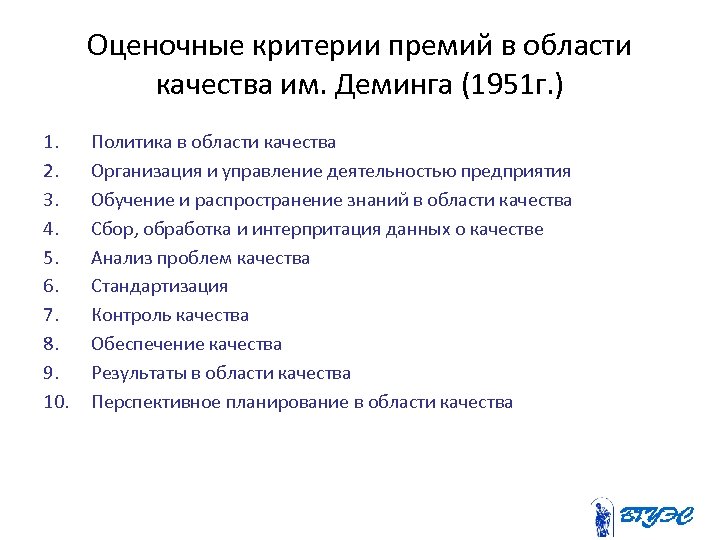 Оценочные критерии премий в области качества им. Деминга (1951 г. ) 1. 2. 3.