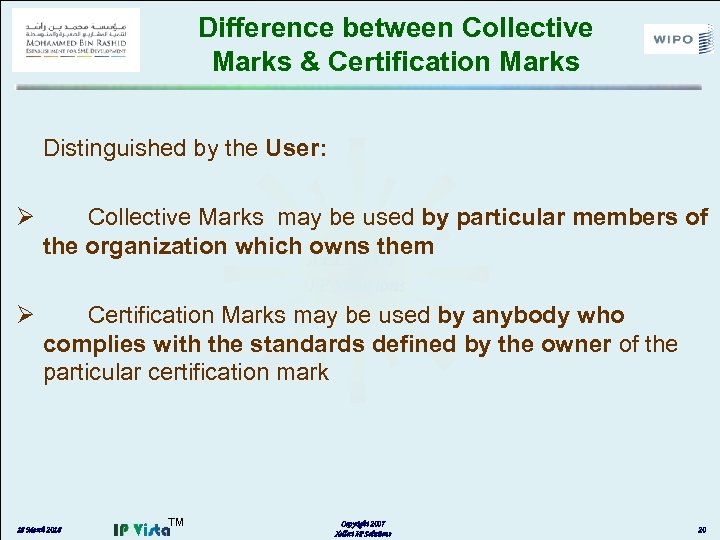 Difference between Collective Marks & Certification Marks Distinguished by the User: Ø Collective Marks