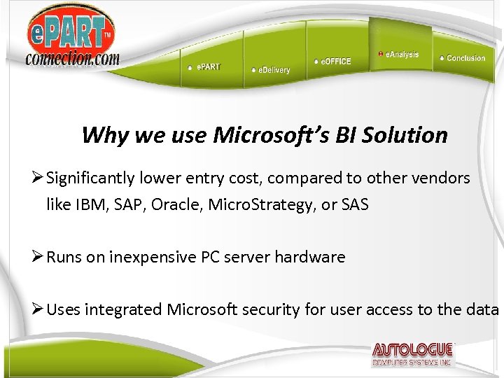 Why we use Microsoft’s BI Solution Ø Significantly lower entry cost, compared to other