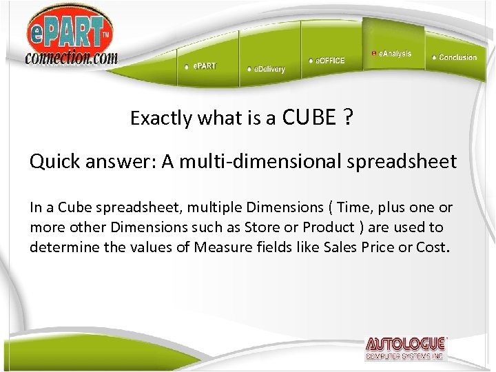 Exactly what is a CUBE ? Quick answer: A multi-dimensional spreadsheet In a Cube