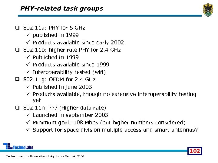 PHY-related task groups q 802. 11 a: PHY for 5 GHz ü published in