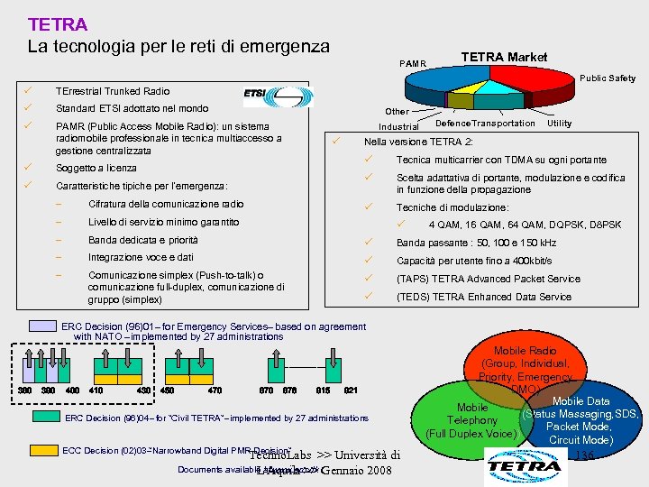 TETRA La tecnologia per le reti di emergenza PAMR TETRA Market Public Safety ü