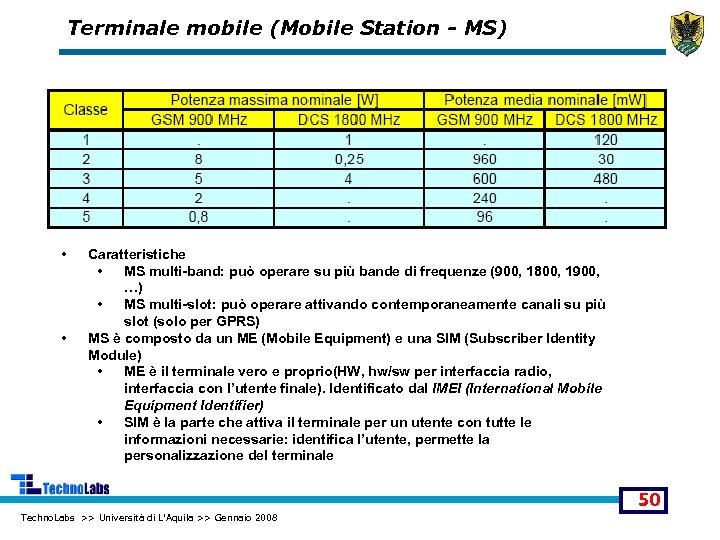 Terminale mobile (Mobile Station - MS) • • Caratteristiche • MS multi-band: può operare