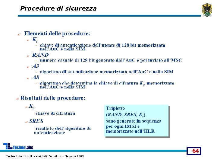 Procedure di sicurezza 64 Techno. Labs >> Università di L'Aquila >> Gennaio 2008 