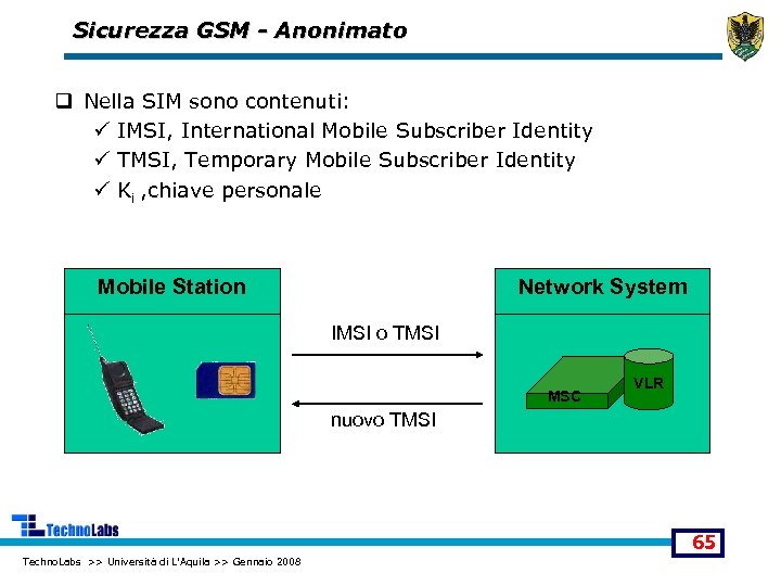 Sicurezza GSM - Anonimato q Nella SIM sono contenuti: ü IMSI, International Mobile Subscriber