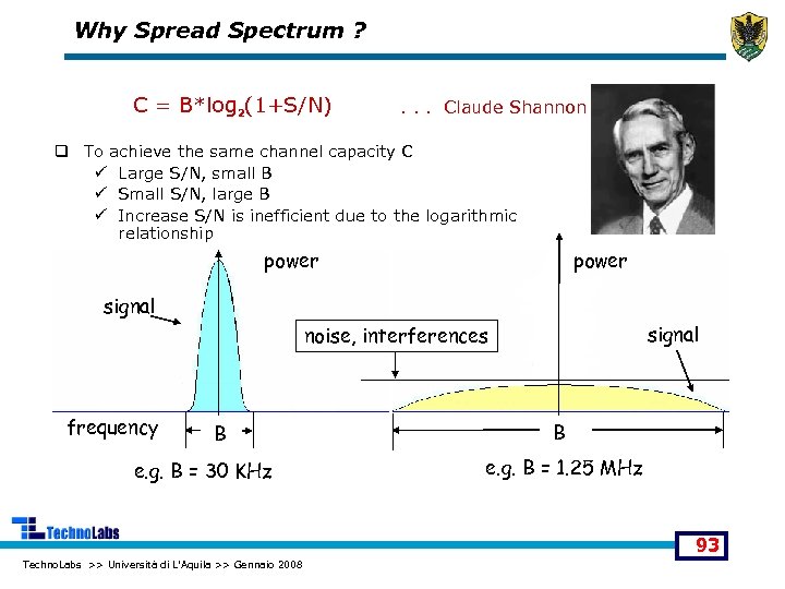 Why Spread Spectrum ? C = B*log 2(1+S/N) . . . Claude Shannon q