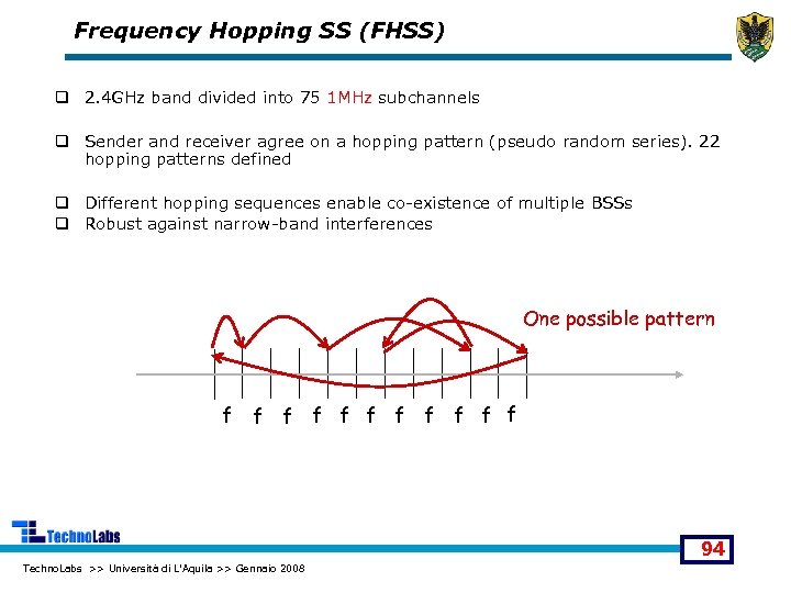 Frequency Hopping SS (FHSS) q 2. 4 GHz band divided into 75 1 MHz