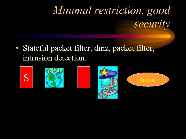 Minimal restriction, good security • Stateful packet filter, dmz, packet filter, intrusion detection. S