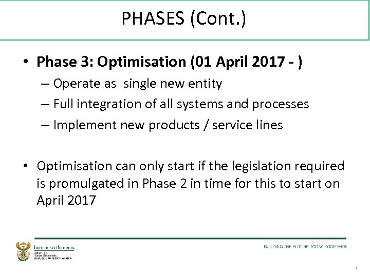 PHASES (Cont. ) • Phase 3: Optimisation (01 April 2017 - ) – Operate