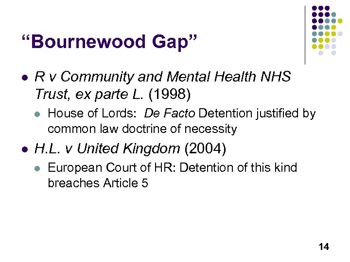 “Bournewood Gap” l R v Community and Mental Health NHS Trust, ex parte L.