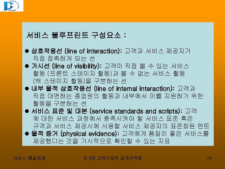 서비스 불루프린트 구성요소 : 상호작용선 (line of interaction): 고객과 서비스 제공자가 직접 접촉하게 되는