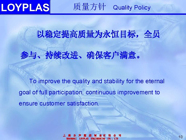 LOYPLAS 质量方针 Quality Policy 以稳定提高质量为永恒目标，全员 参与、持续改进、确保客户满意。 To improve the quality and stability for the