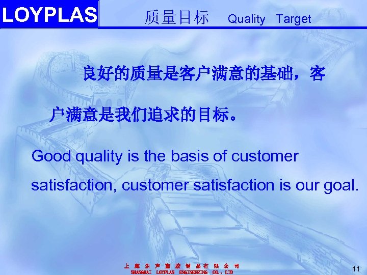 LOYPLAS 质量目标 Quality Target 良好的质量是客户满意的基础，客 户满意是我们追求的目标。 Good quality is the basis of customer satisfaction,