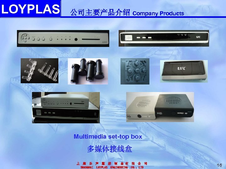 LOYPLAS 公司主要产品介绍 Company Products Multimedia set-top box 多媒体接线盒 上 海 乐 声 塑 胶