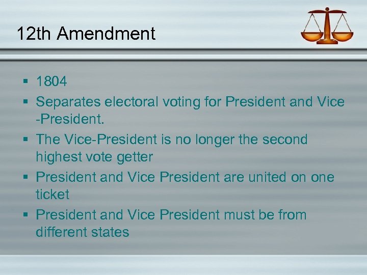 12 th Amendment § 1804 § Separates electoral voting for President and Vice -President.