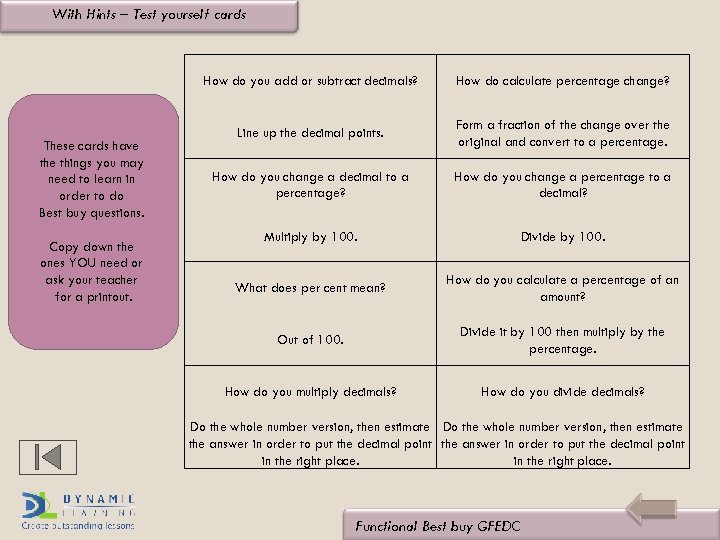 With Hints – Test yourself cards How do you add or subtract decimals? These