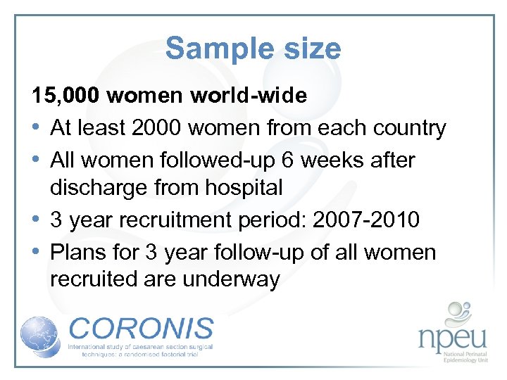 Sample size 15, 000 women world-wide • At least 2000 women from each country