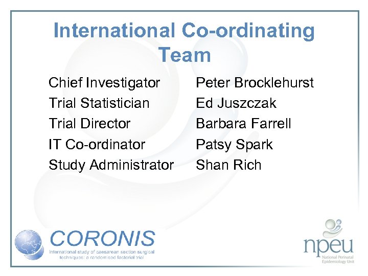 International Co-ordinating Team Chief Investigator Trial Statistician Trial Director IT Co-ordinator Study Administrator Peter