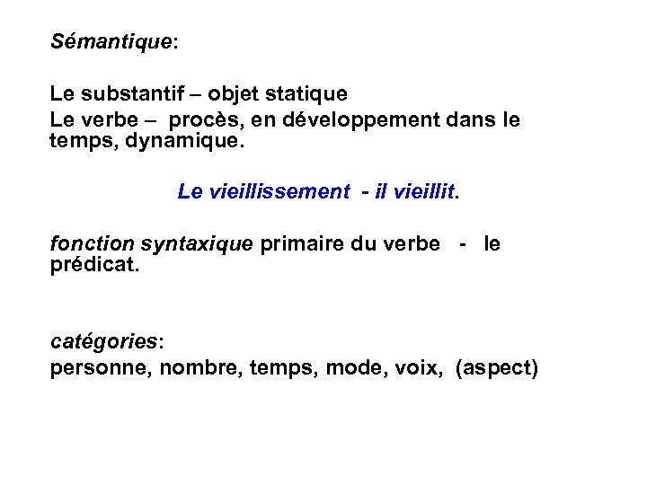 le verbe Généralités Sémantique Le substantif