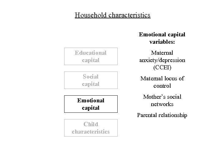 Household characteristics Emotional capital variables: Educational capital Maternal anxiety/depression (CCEI) Social capital Maternal locus
