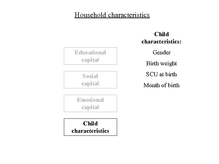 Household characteristics Child characteristics: Educational capital Social capital Emotional capital Child characteristics Gender Birth