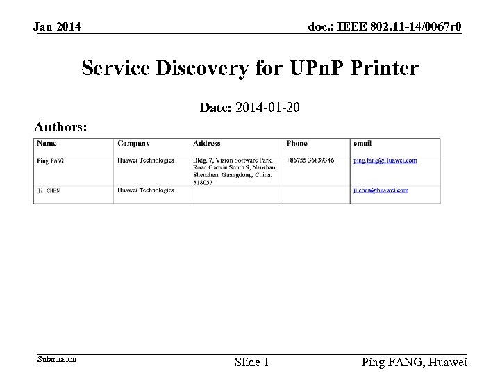 doc. : IEEE 802. 11 -14/0067 r 0 Jan 2014 Service Discovery for UPn.