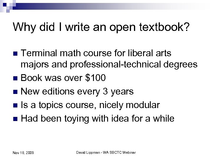 Why did I write an open textbook? Terminal math course for liberal arts majors