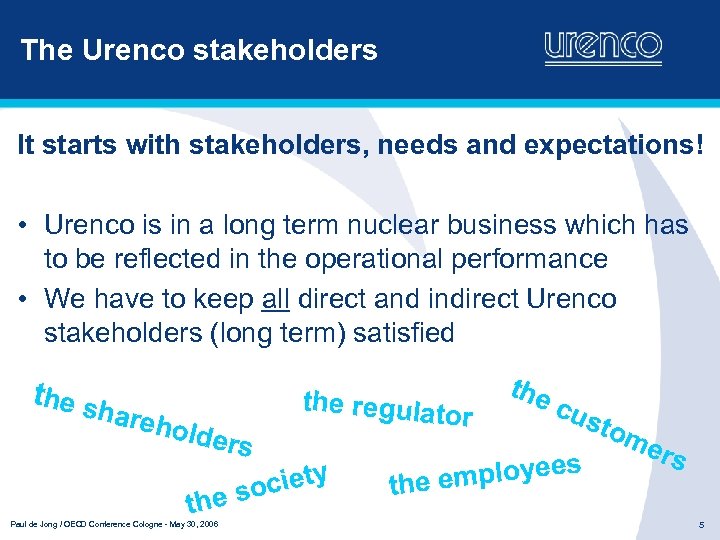 The Urenco stakeholders It starts with stakeholders, needs and expectations! • Urenco is in