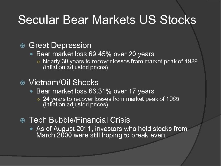 Secular Bear Markets US Stocks Great Depression Bear market loss 69. 45% over 20