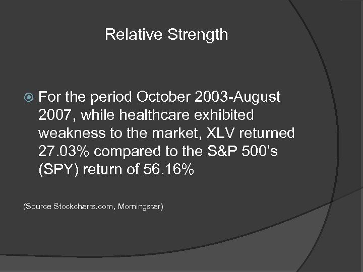 Relative Strength For the period October 2003 -August 2007, while healthcare exhibited weakness to