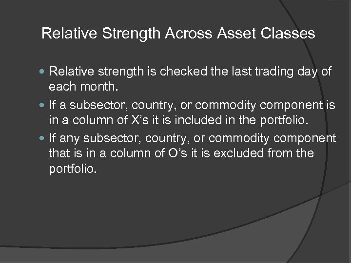 Relative Strength Across Asset Classes Relative strength is checked the last trading day of
