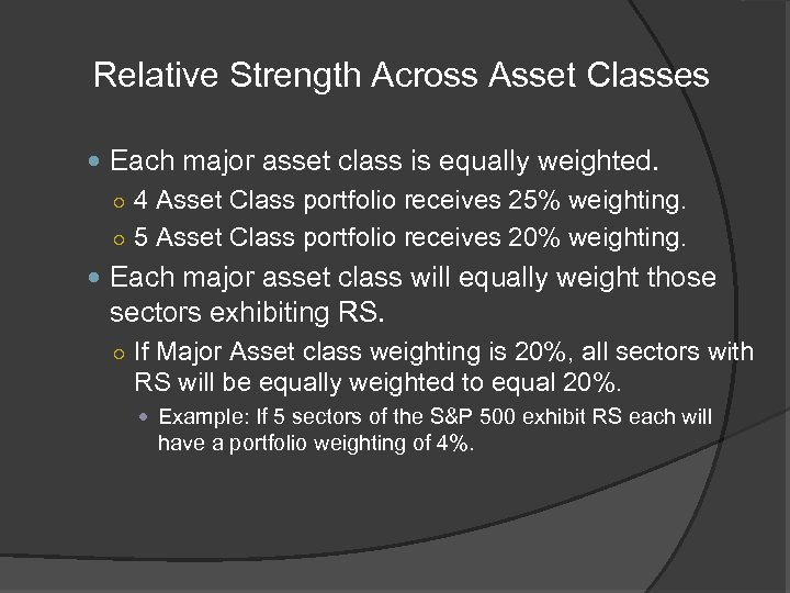 Relative Strength Across Asset Classes Each major asset class is equally weighted. ○ 4