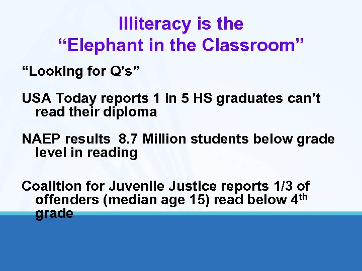 Illiteracy is the “Elephant in the Classroom” “Looking for Q’s” USA Today reports 1