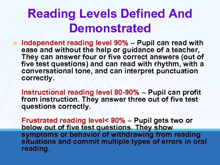 Reading Levels Defined And Demonstrated l Independent reading level 90% – Pupil can read