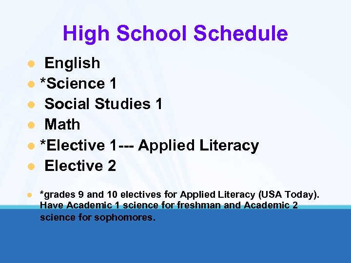 High School Schedule English l *Science 1 l Social Studies 1 l Math l