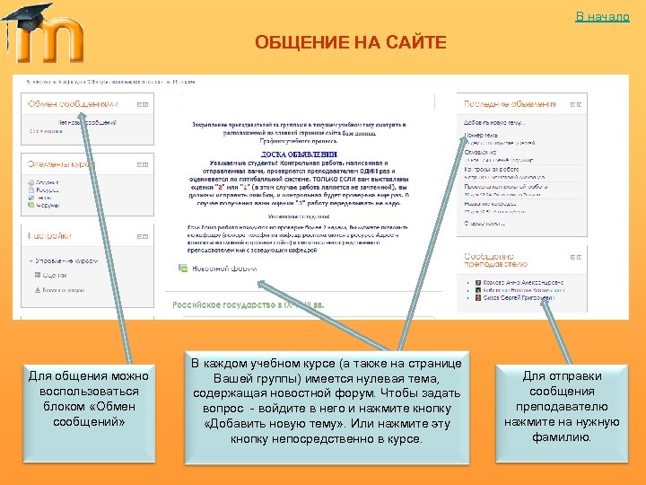 В начало ОБЩЕНИЕ НА САЙТЕ Для общения можно воспользоваться блоком «Обмен сообщений» В каждом