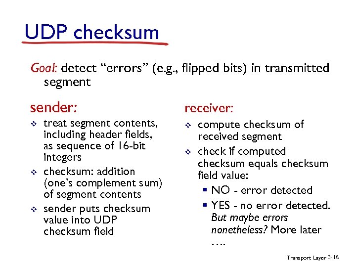 UDP checksum Goal: detect “errors” (e. g. , flipped bits) in transmitted segment sender: