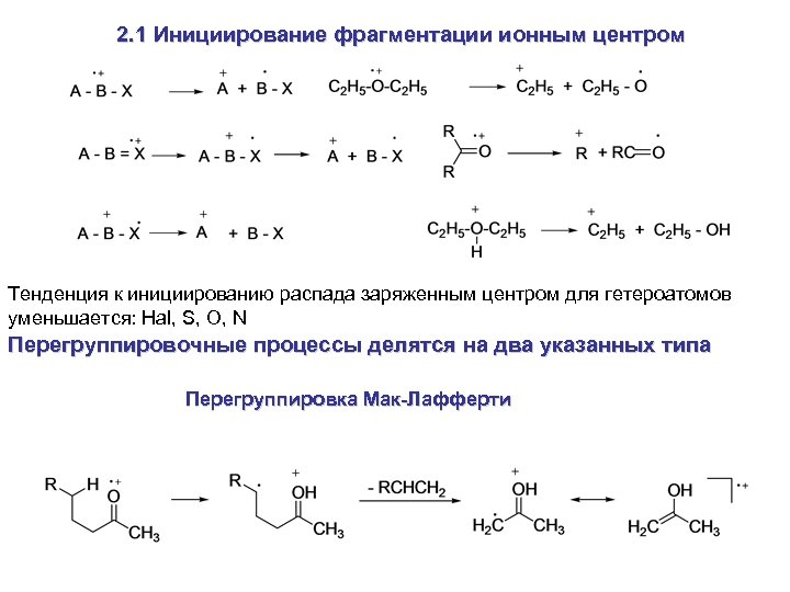 2. 1 Инициирование фрагментации ионным центром Тенденция к инициированию распада заряженным центром для гетероатомов