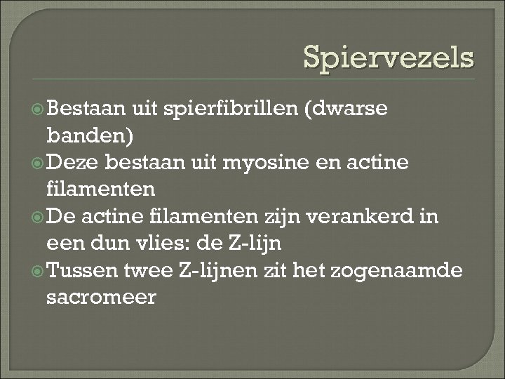 Spiervezels Bestaan uit spierfibrillen (dwarse banden) Deze bestaan uit myosine en actine filamenten De