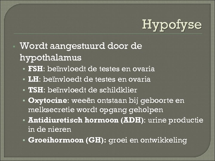 Hypofyse • Wordt aangestuurd door de hypothalamus FSH: beïnvloedt de testes en ovaria LH: