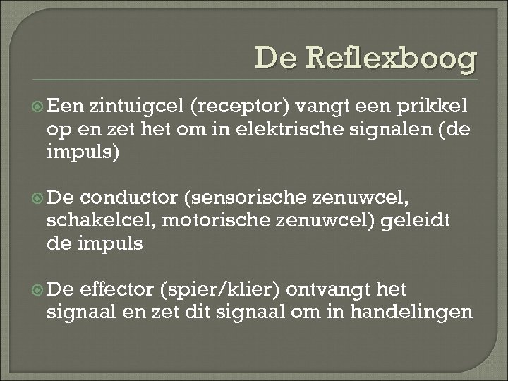 De Reflexboog Een zintuigcel (receptor) vangt een prikkel op en zet het om in