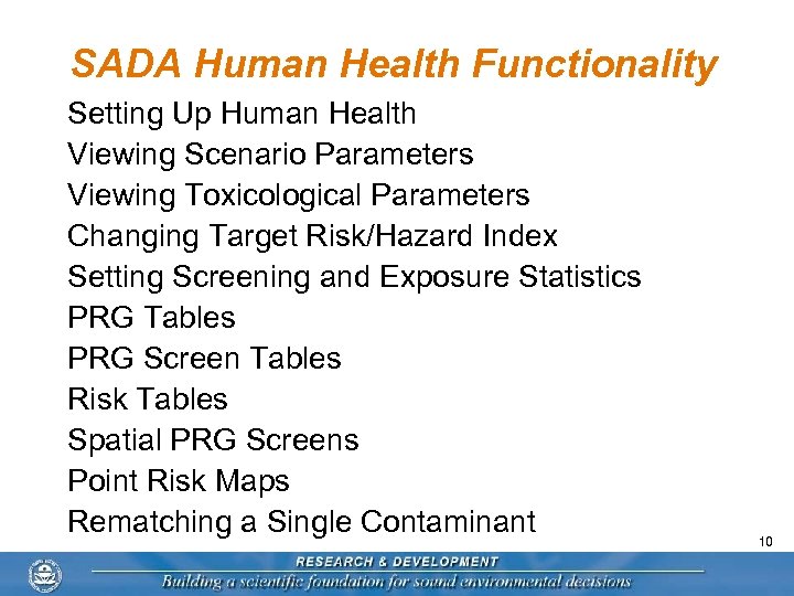 SADA Human Health Functionality Setting Up Human Health Viewing Scenario Parameters Viewing Toxicological Parameters